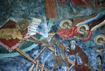 Die Gerechten empfangen, Detail der Himmelsleiter-Malerei, Nordwand der Kirche, ca. 1601